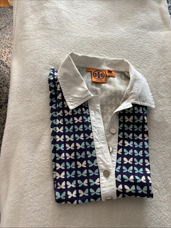 Tory Burch Tops - Tory Burch Navy Butterfly-Print Polo with White Collar